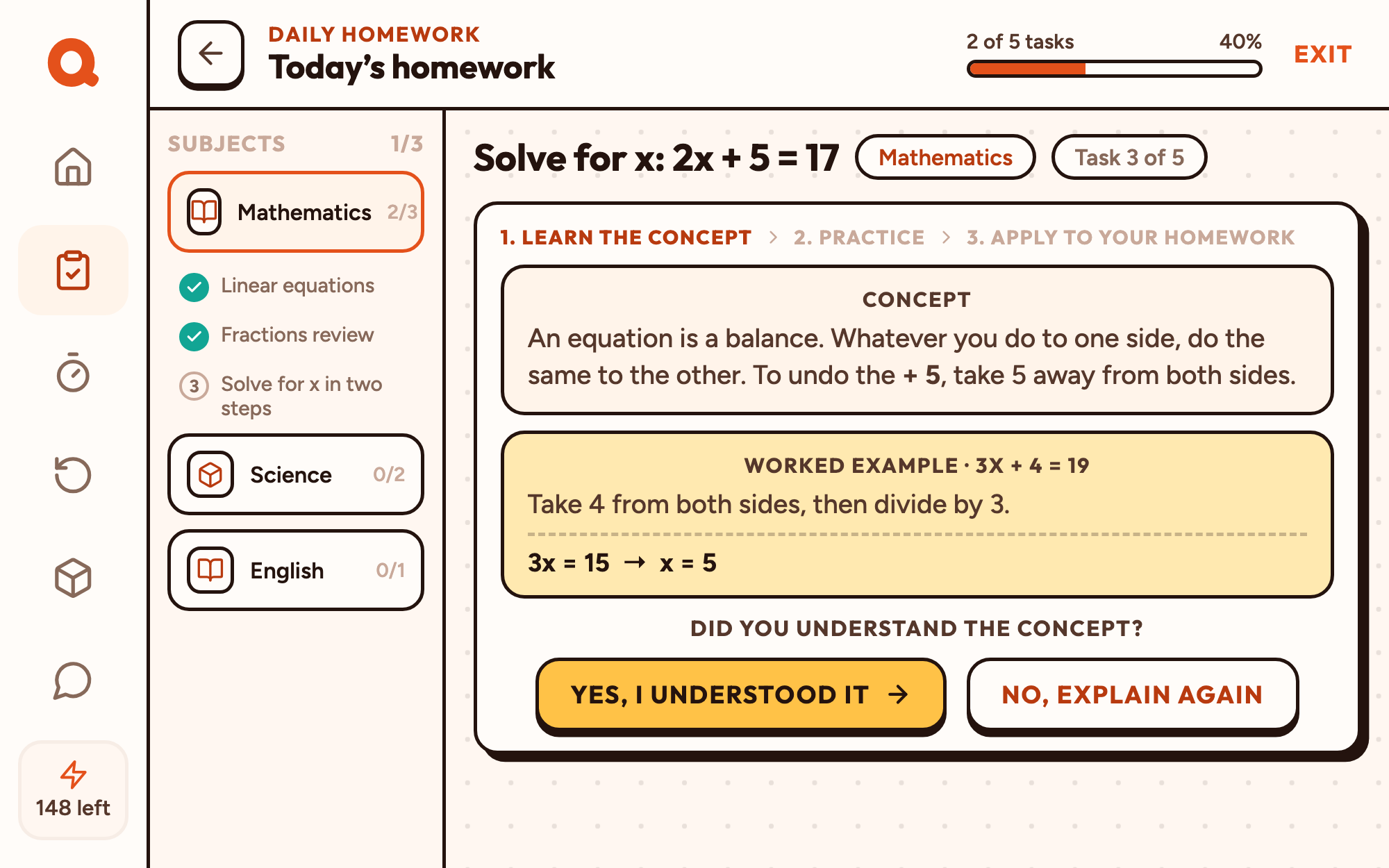 QuriOS Homework mode screen