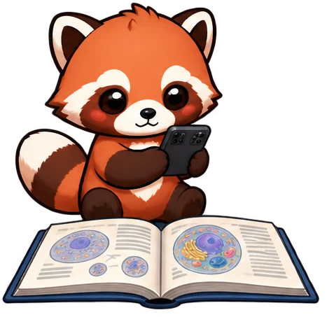 Quri pointing a phone at a textbook diagram, which lifts off the page as a 3D cell model