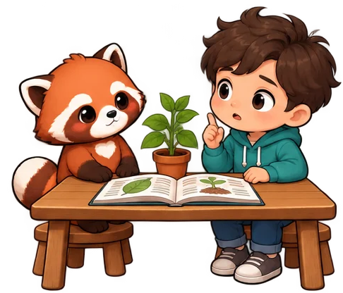 Quri and a child talking about a plant over an open book